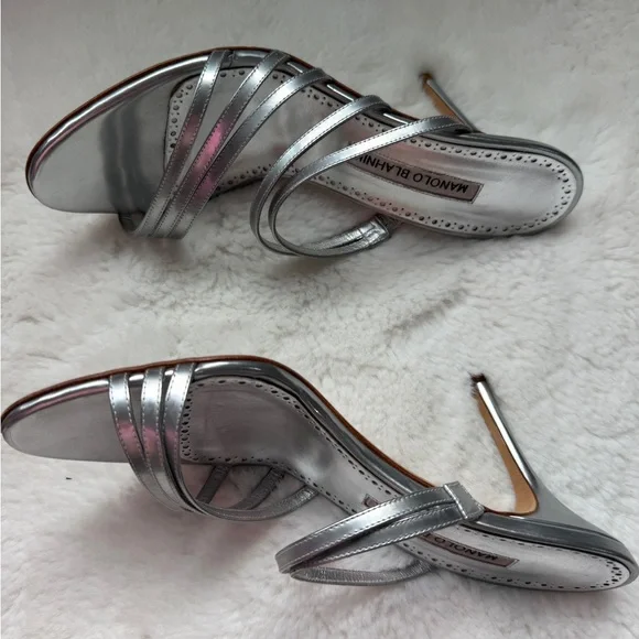 Manolo Blahnik Metallic Silver Strappy Heels